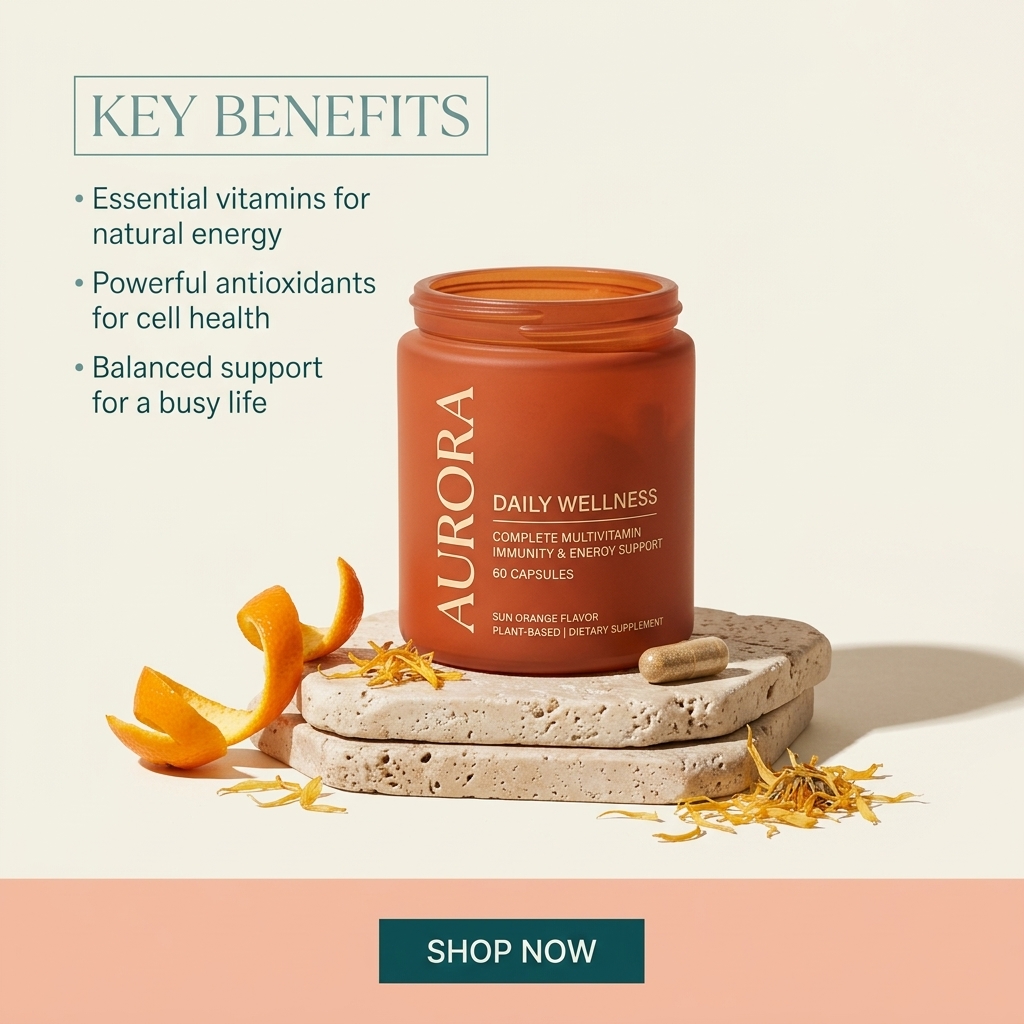 Orange Aurora Daily Wellness multivitamin jar on travertine stones with orange peel, calendula petals and a capsule beside it