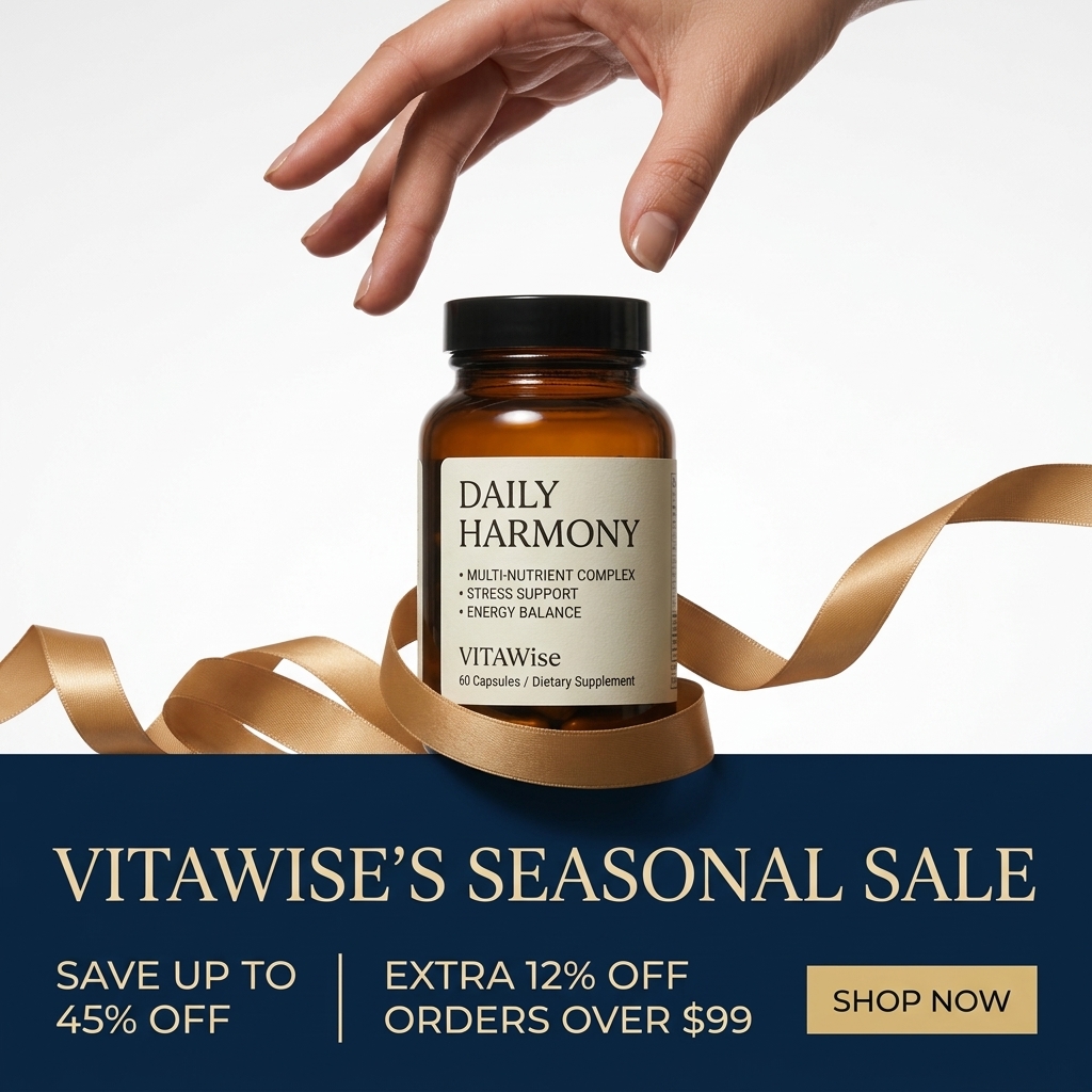 Hand reaching for an amber VitaWise Daily Harmony bottle wrapped in gold ribbon above a navy seasonal sale banner