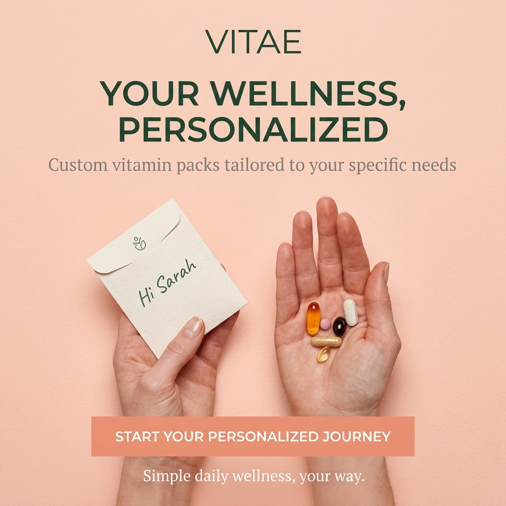 Hands holding a paper vitamin pouch labeled Hi Sarah and a palm of mixed capsules and softgels on a peach background