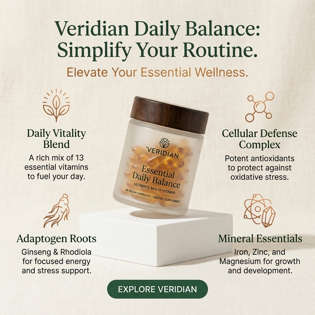 Tilted frosted Veridian multivitamin jar with wooden lid on a white plinth, surrounded by four copper icon feature callouts