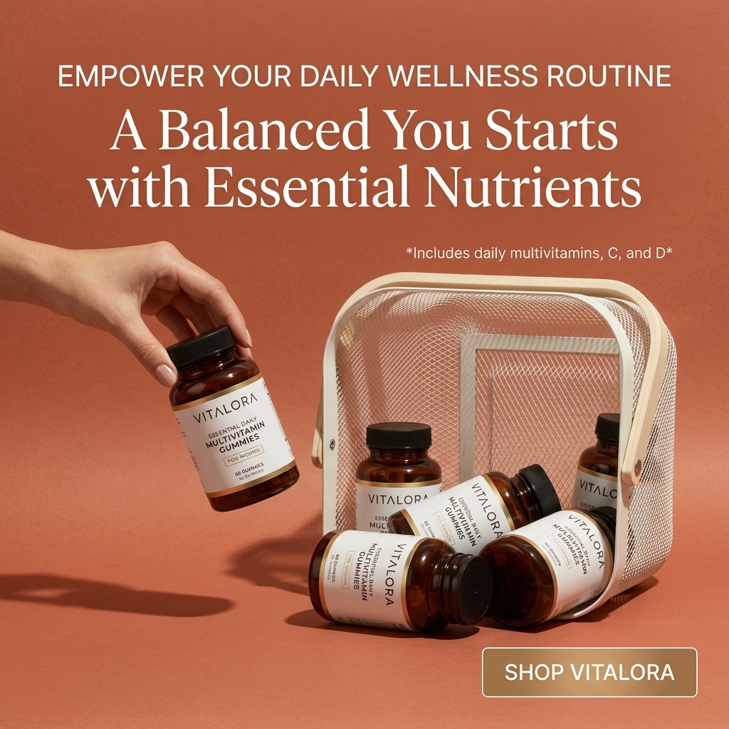 Hand placing Vitalora multivitamin gummies bottle into a white wire basket of bottles on a terracotta background