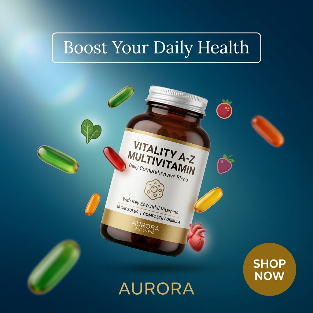 Floating amber Vitality A-Z Multivitamin bottle with flying softgels, fruit and heart icons on a dark blue background