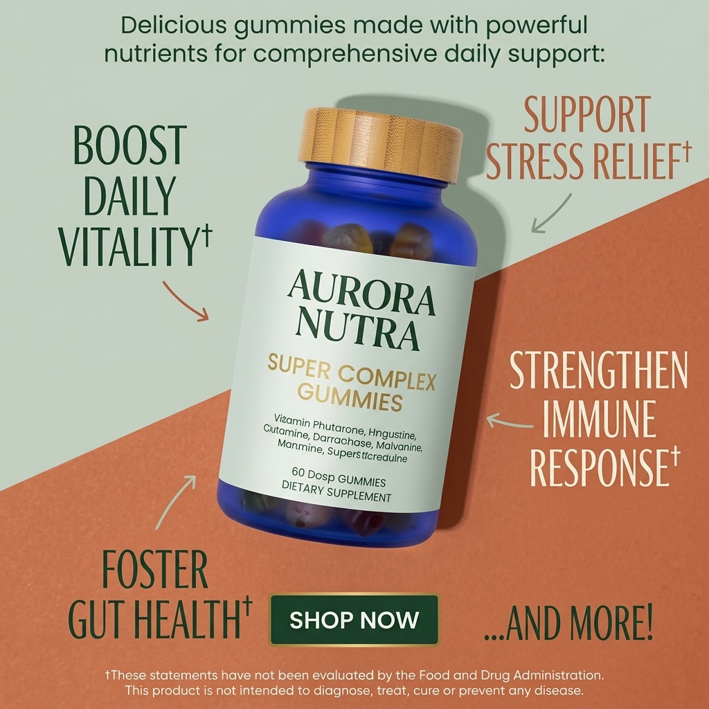 Cobalt blue Aurora Nutra gummy bottle on a sage and terracotta split background with four arrow benefit callouts