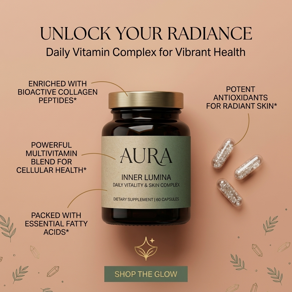 Dark amber Aura Inner Lumina jar with gold lid on blush pink background, gold line callouts and three pearl-filled capsules