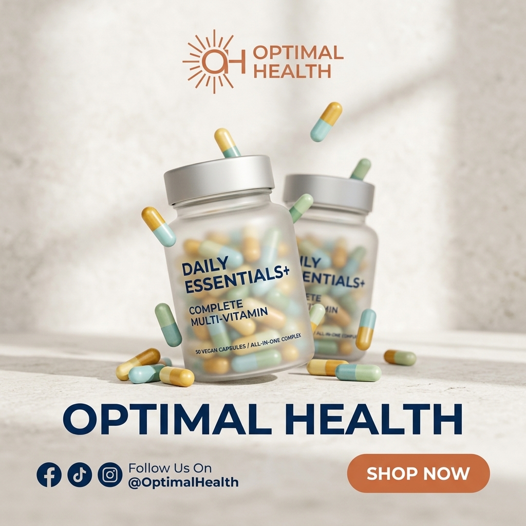 Two frosted Daily Essentials+ multivitamin jars with silver lids and floating yellow and teal capsules in soft sunlight