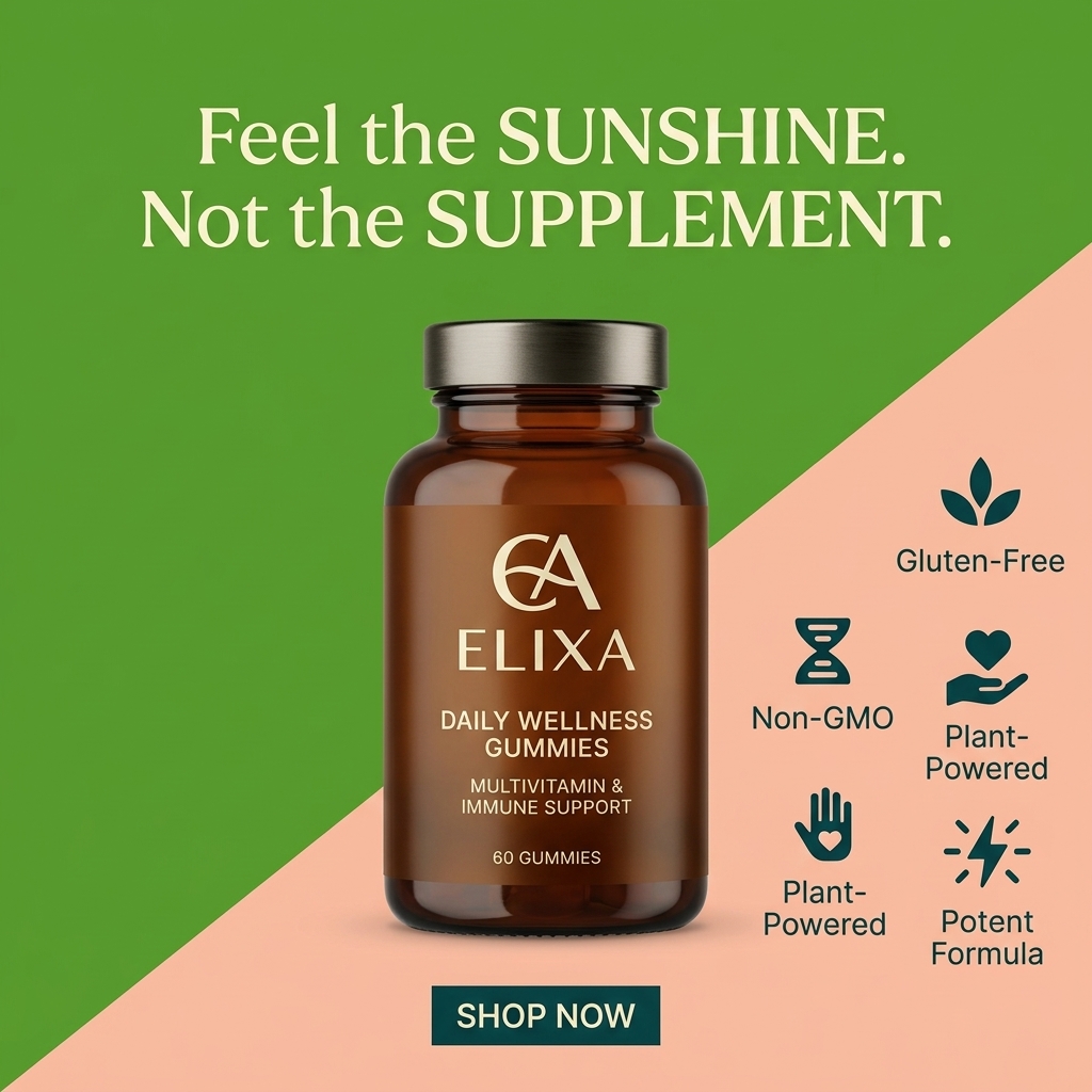 Amber Elixa Daily Wellness Gummies bottle on green and peach split background with icon badges like Gluten-Free and Non-GMO