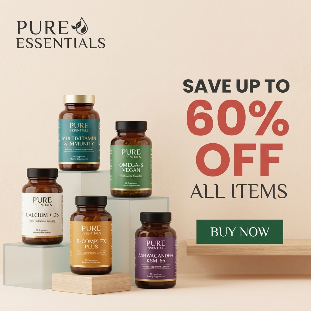 Five Pure Essentials supplement bottles with colored labels on plinths beside a red Save Up to 60% Off All Items offer