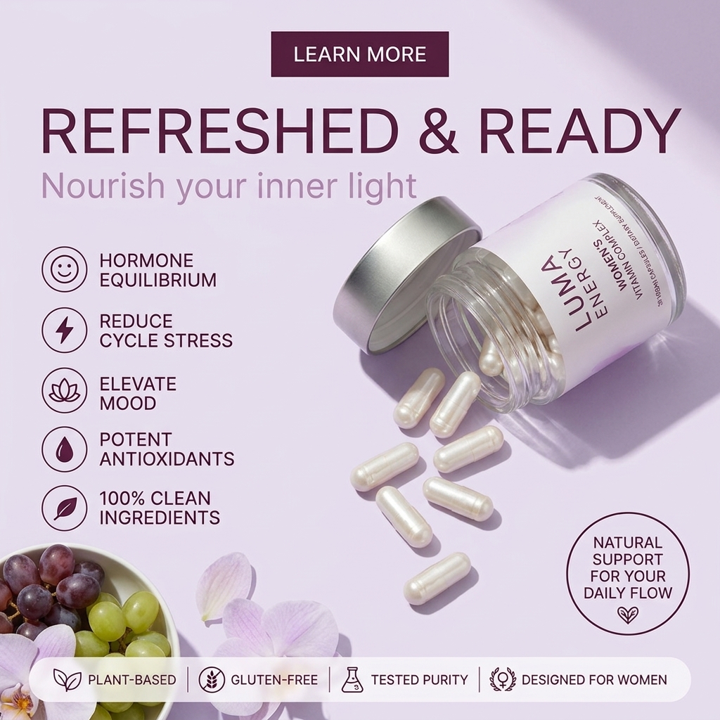 Tipped clear jar of pearl capsules for Luma Energy women's vitamins on lavender, with five icon benefits, grapes and orchids