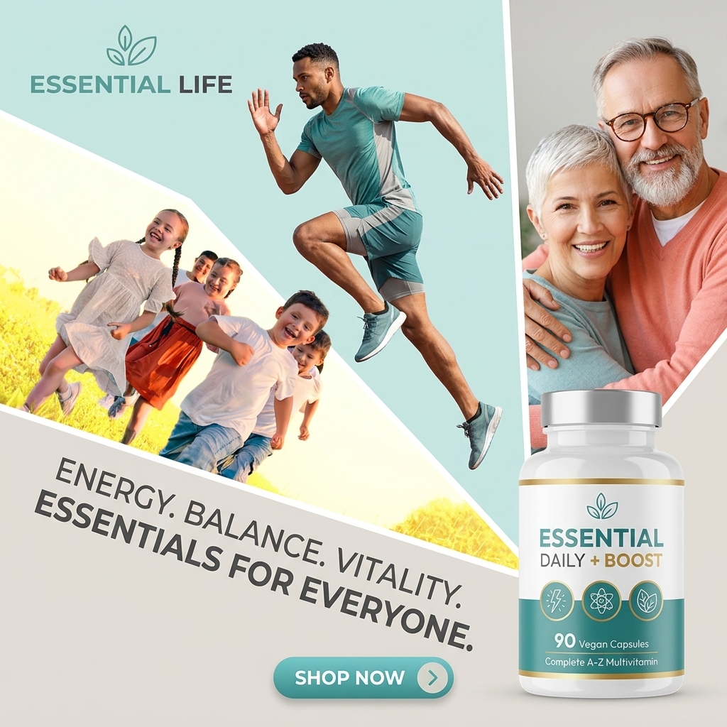 Collage of running kids, a sprinting man and a smiling senior couple beside an Essential Daily + Boost bottle
