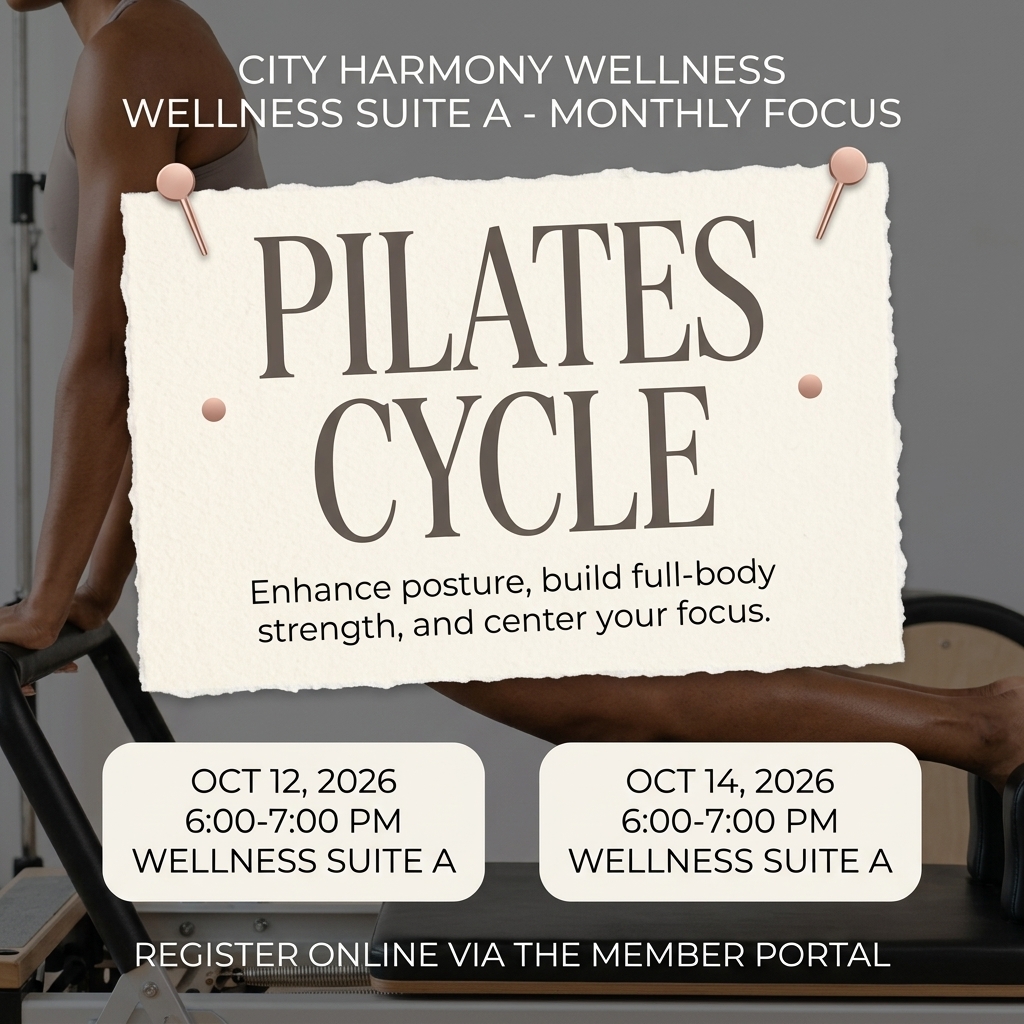 Torn paper note reading Pilates Cycle pinned over a reformer photo, with two October 2026 session date cards