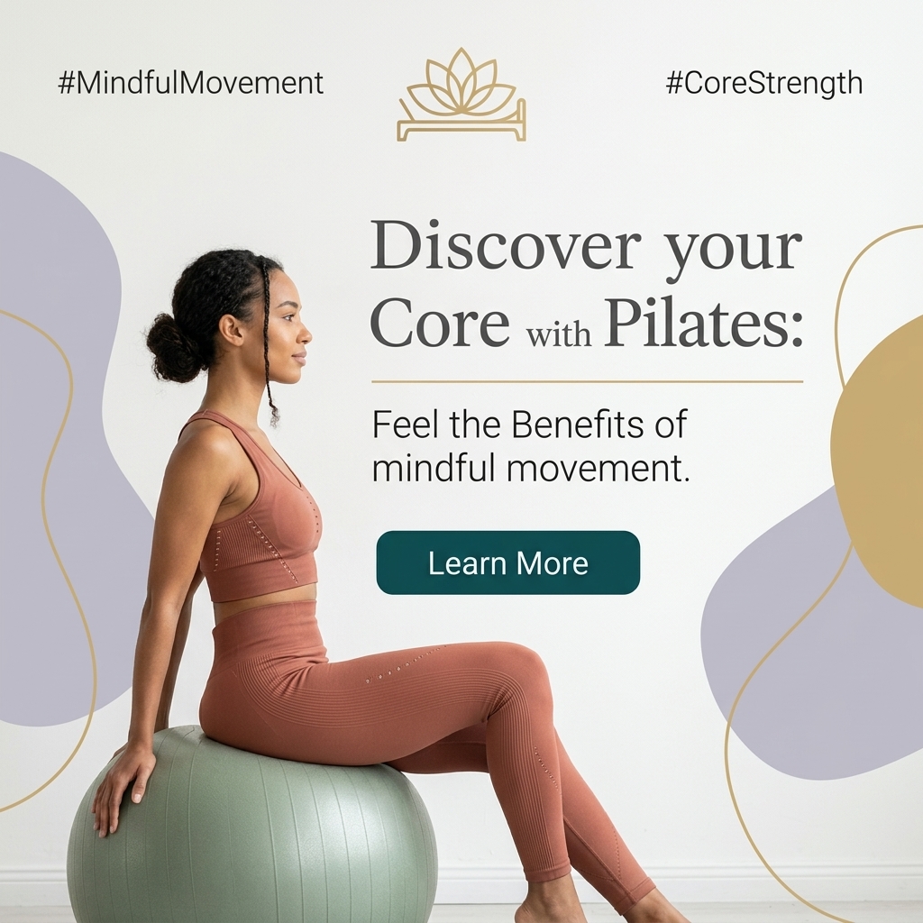 Woman in terracotta activewear sitting tall on a sage stability ball with lilac and gold shapes and a Learn More button