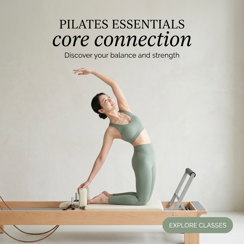 Smiling woman in sage activewear doing a kneeling side stretch on a light wood reformer against a white wall