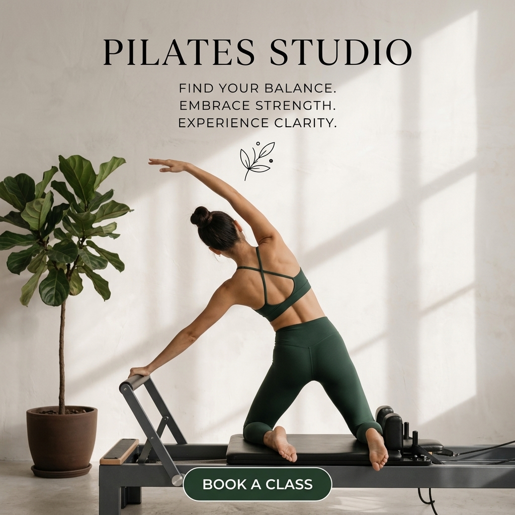 Woman in forest green activewear kneeling on a dark reformer reaching into a side stretch in window light beside a plant