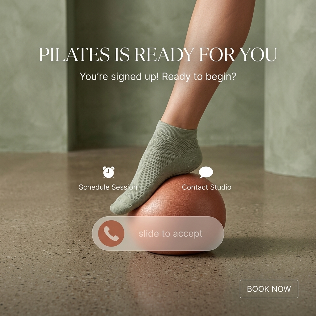 Foot in sage grip sock on a terracotta ball under phone call style icons and a slide to accept bar on a sage set