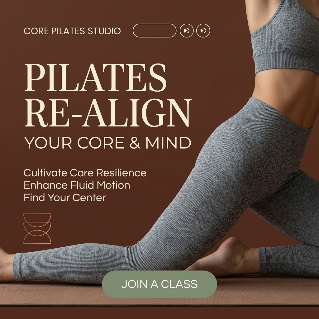 Cropped body in grey seamless activewear in a low lunge on a mat against chocolate brown with Pilates Re-Align text