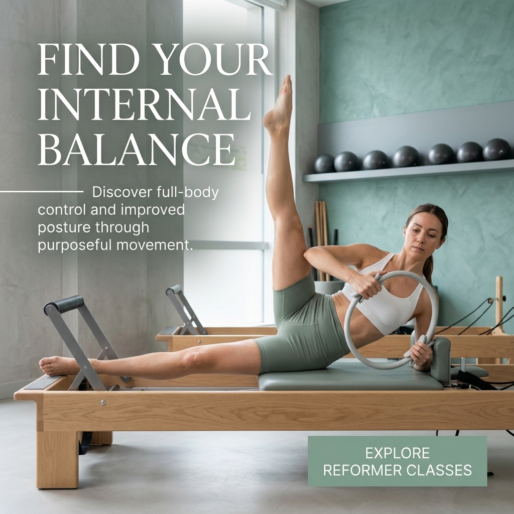 Woman doing a side-lying leg lift on an oak reformer while pressing a Pilates ring, in a bright mint-walled studio