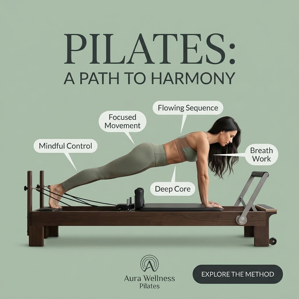 Woman in plank on a dark wood reformer on sage green with speech bubbles like Mindful Control, Deep Core, Breath Work