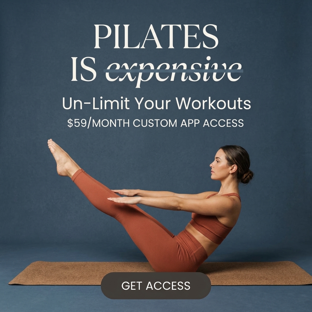 Woman in rust activewear doing a teaser pose on a cork mat on navy, below Pilates Is Expensive with expensive crossed out