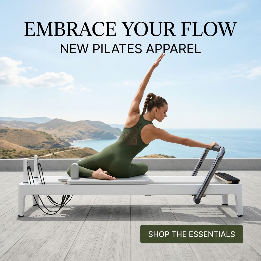 Woman in olive unitard doing a side stretch on a white reformer on a seaside terrace under a blue sky