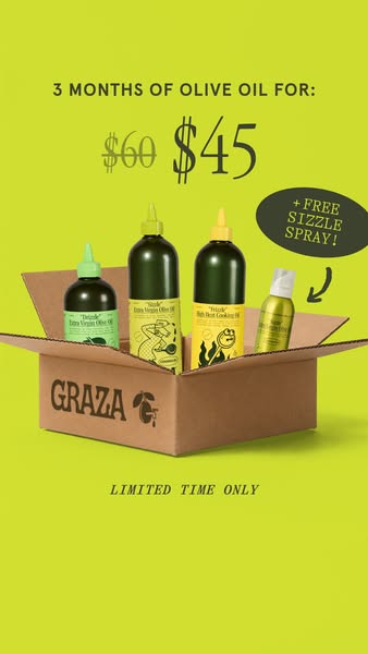 Graza olive oil bottles and Sizzle Spray in an open cardboard box on lime green, $60 crossed out for $45
