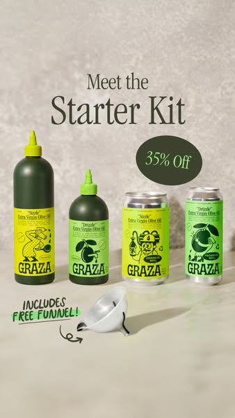 Graza Sizzle and Drizzle bottles and two refill cans in a row on grey stone with a funnel and a 35% off badge