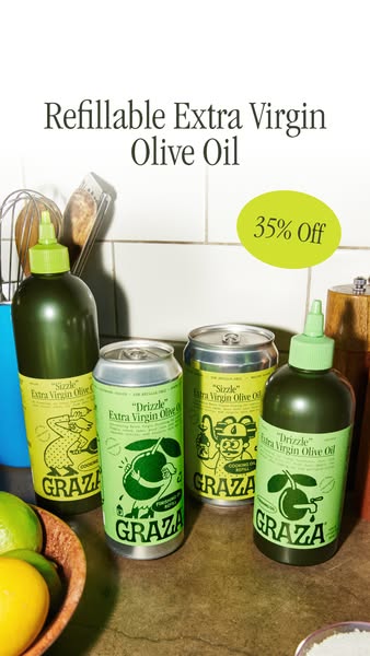 Graza squeeze bottles and refill cans on a kitchen counter with lemons and utensils, 35% off badge in lime green