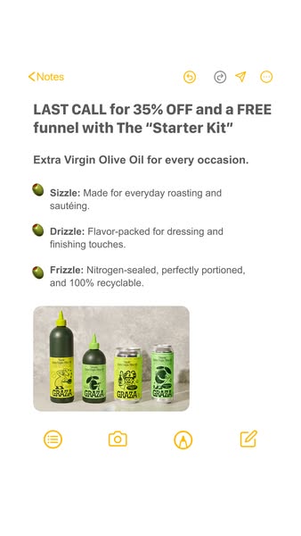 iPhone Notes app style ad: Last call for 35% off Graza Starter Kit, with Sizzle, Drizzle and Frizzle list and product photo