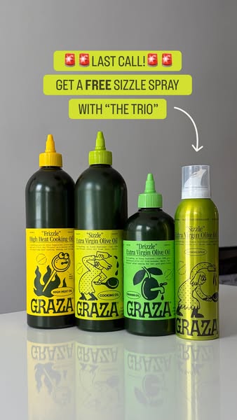 Graza Frizzle, Sizzle and Drizzle bottles and Sizzle Spray on a glossy white table with Last Call free gift captions