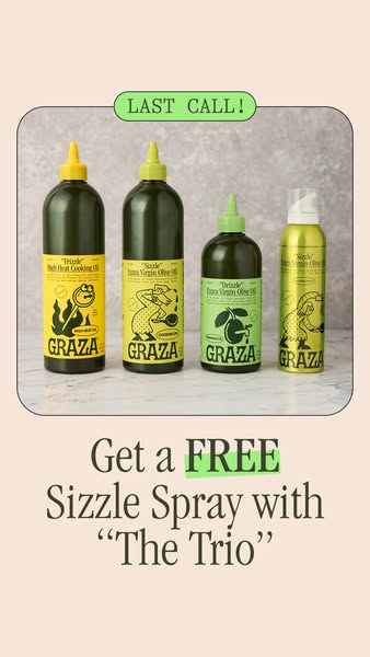 Graza Frizzle, Sizzle, Drizzle bottles and Sizzle Spray in a rounded photo frame on blush pink, text Get a free Sizzle Spray