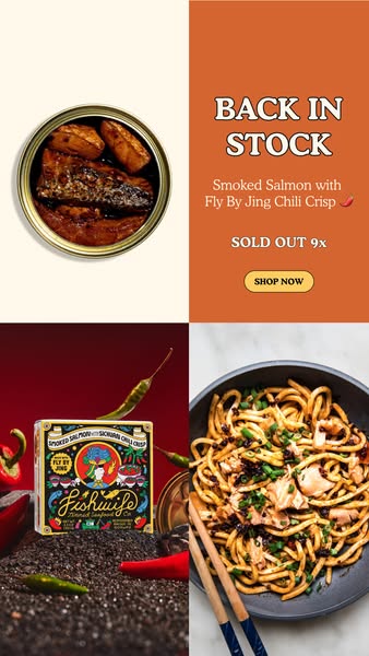 Four-panel ad: open tin of chili crisp smoked salmon, Back in Stock text, red packshot with chilies and a noodle bowl