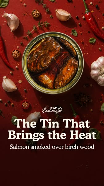 Overhead shot of an open tin of smoked salmon in chili oil on a red surface with garlic, chilies and spices