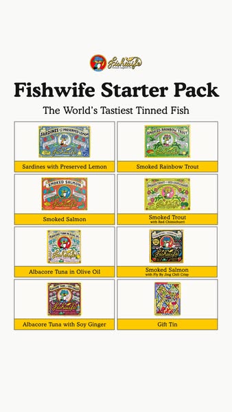 White two-column grid showing eight Fishwife tinned fish boxes and a gift tin, each with a yellow name label