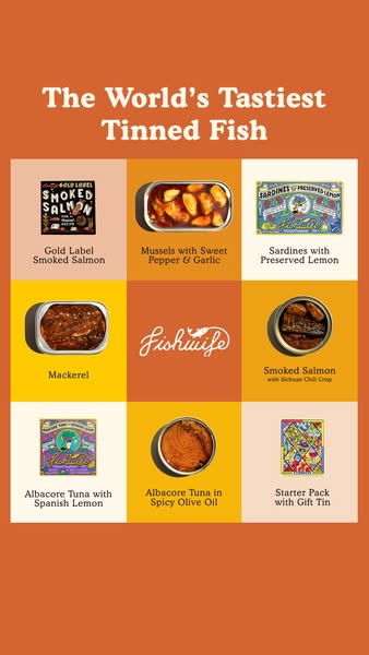 Orange ad with a 3x3 grid of Fishwife tins and products in colored tiles around a central Fishwife logo
