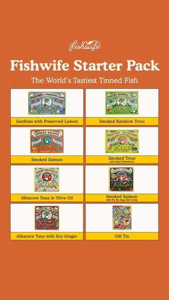 Burnt-orange ad with a two-column grid of eight Fishwife tins and a gift tin on white cards with yellow name labels