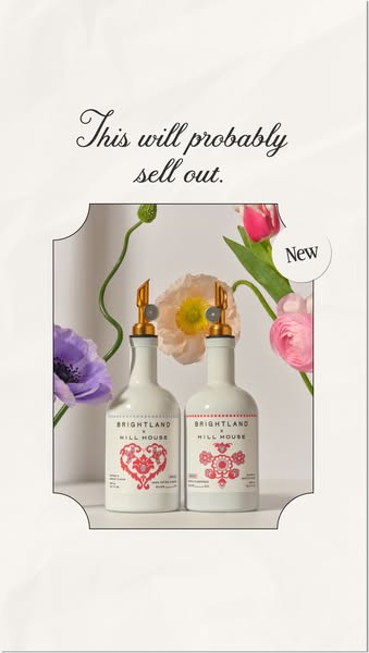 Brightland x Hill House olive oil bottles with flowers inside a decorative frame on cream paper with a script headline