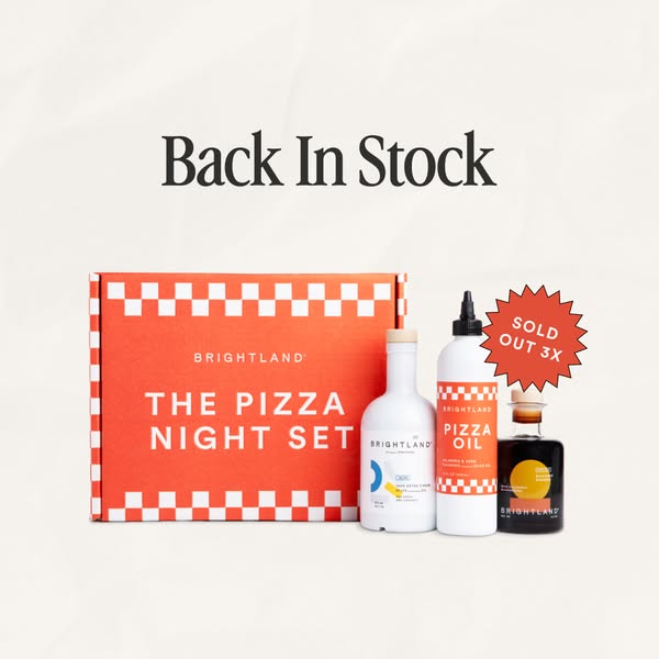 Red checkered Brightland Pizza Night Set box with olive oil, pizza oil and balsamic bottles and a Sold Out 3X starburst