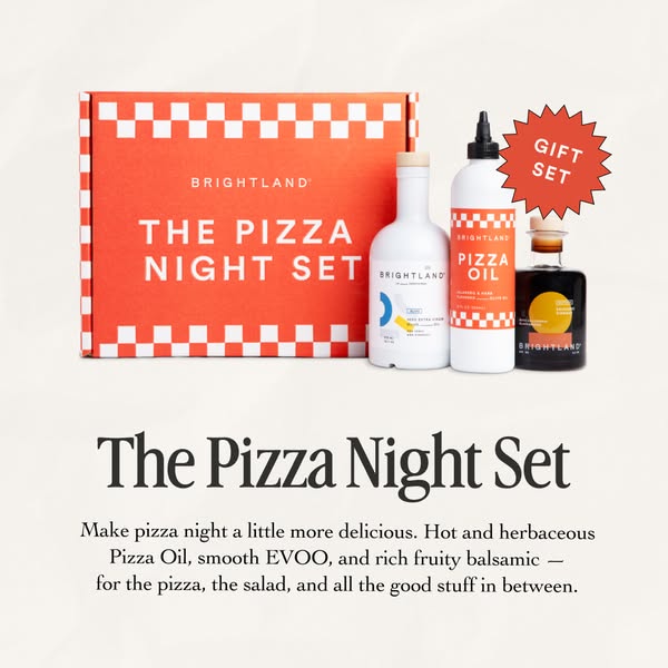 Brightland Pizza Night Set red checkered box with three bottles, a Gift Set starburst and product description text below