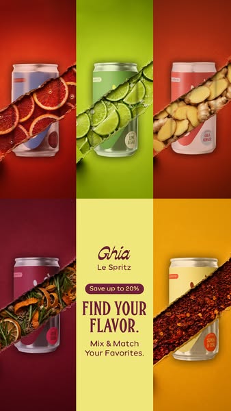 Five Ghia Le Spritz cans with blood orange, lime, ginger, botanicals and chili; center text Find Your Flavor, save 20%