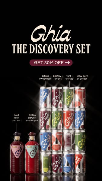 Wall of Ghia cans and two apéritif bottles on black background with flavor callouts and Get 30% off button