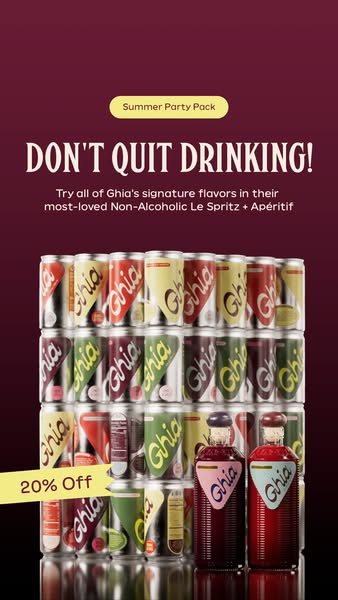 Wall of Ghia Le Spritz cans and two apéritif bottles on burgundy with Don't Quit Drinking headline and 20% off tag