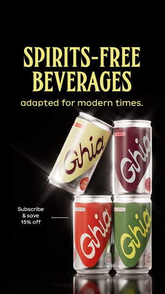 Four Ghia Le Spritz cans stacked on black, one leaning, under yellow headline Spirits-Free Beverages