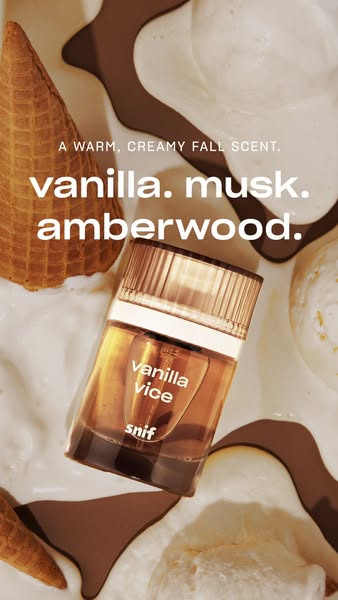 Snif Vanilla Vice perfume bottle lying in melted vanilla ice cream with waffle cones and the text vanilla, musk, amberwood