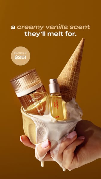Hand holding melting ice cream cup with Snif Vanilla Vice perfume, travel spray and waffle cone on brown, starting at $25