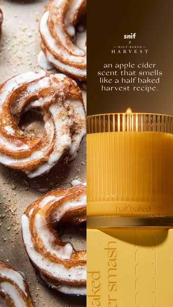 Split screen of glazed apple cider crullers and a lit yellow Snif half baked candle with Snif x Half Baked Harvest logos