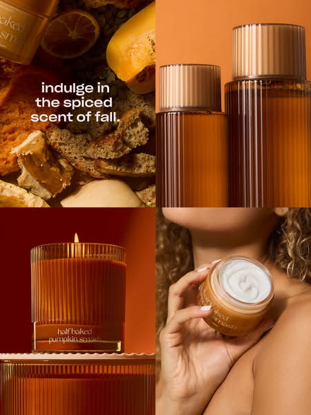 Four-panel grid of pumpkin and spice props, Snif laundry bottles, lit pumpkin smash candle and hand holding body whip jar