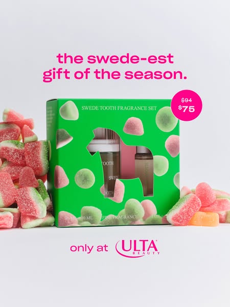 Green Snif Swede Tooth fragrance set gift box surrounded by watermelon sour gummies, price $94 to $75, only at Ulta Beauty