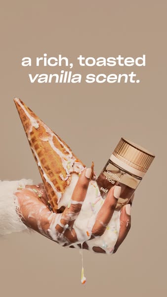 Hand in fluffy white sleeve crushing a sprinkle ice cream cone while holding Snif Vanilla Vice perfume on a tan background