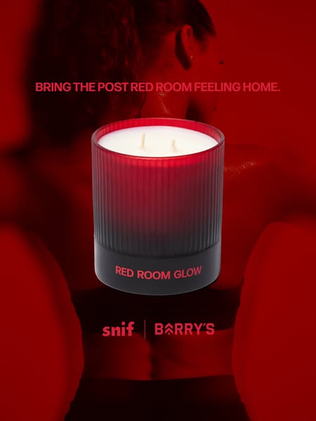 Red-to-black Snif Red Room Glow candle floating over red-lit photo of an athlete's back with Snif and Barry's logos