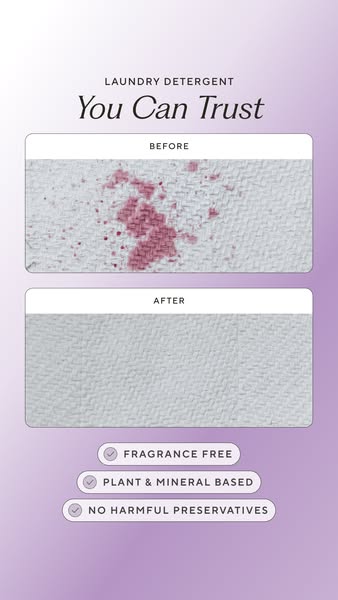 Before and after photos of a white towel with a red wine stain removed, on a lilac background with three product claim badges