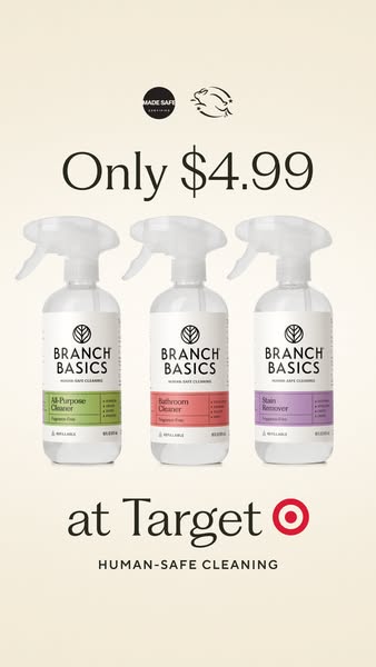 Three Branch Basics spray bottles: green all-purpose, red bathroom, purple stain remover, with text Only $4.99 at Target